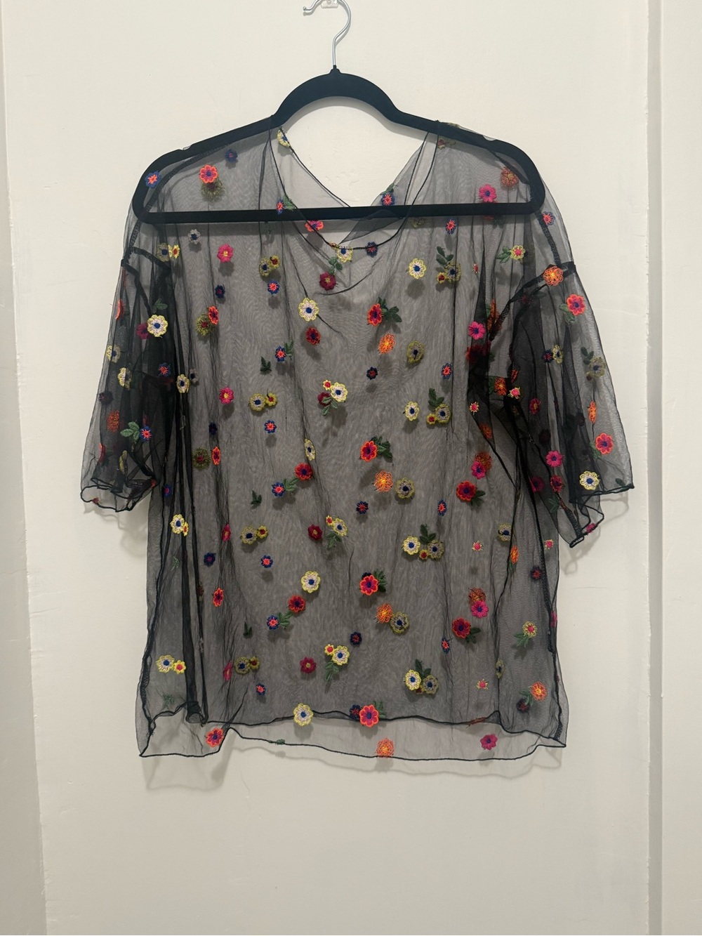 SHEIN L Black/multicolor Sheer Mesh floral embroidery Top - layer, whimsigoth